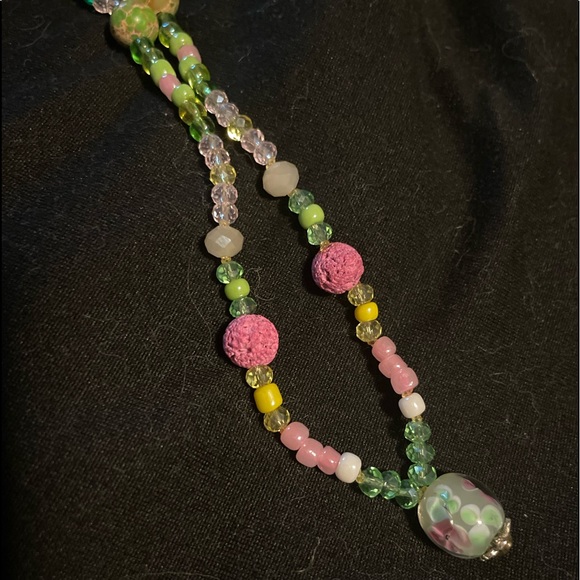 Handmade Boho Beaded Summery Feminine Necklace In Pastel Colours Pinks & Greens - Picture 3 of 7